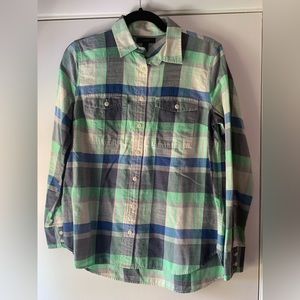 J. Crew Cotton Plaid Flannel Button Down Shirt Blue Green Cream Gray Sz 6 Petite